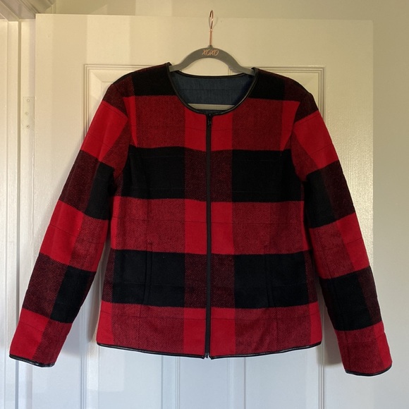 Red plaid and denim Reversible Quilted Jacket - Picture 4 of 5